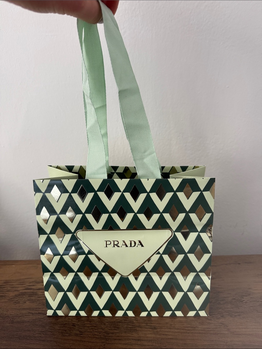 Prada Mini Shopping Bag in Mint Green and Dark Green Geometric Print